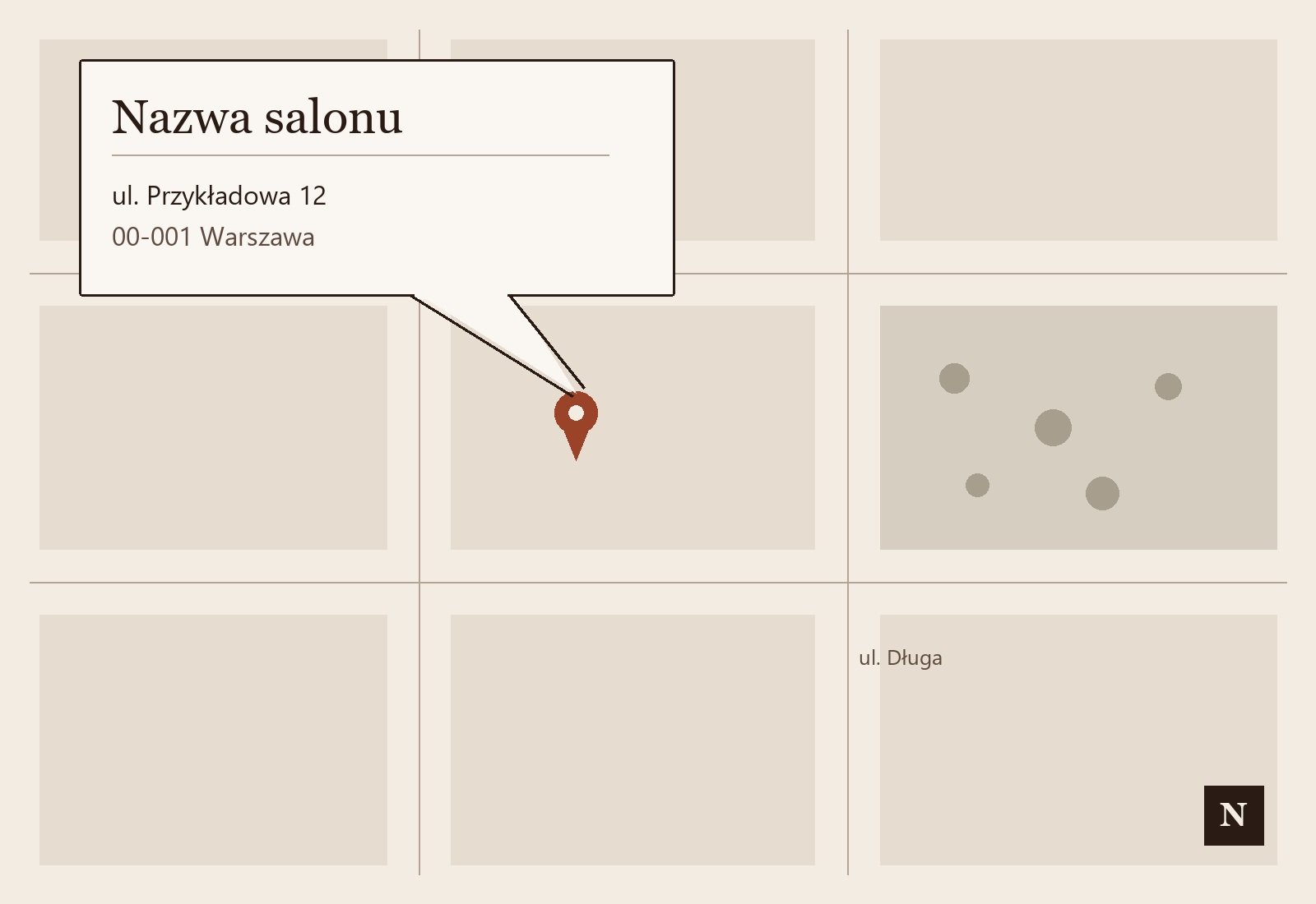 Schematyczna grafika dojazdu z pinezką i dymkiem: Nazwa salonu, ul. Przykładowa 12, 00-001 Warszawa. Zaślepka, nie mapa na żywo.